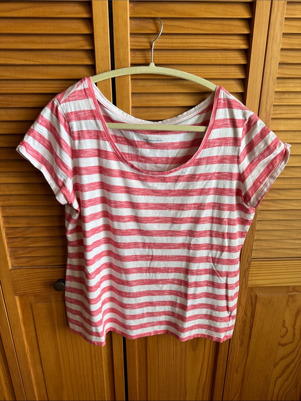 Columbia Women's Pink and White Striped Short Sleeve Top